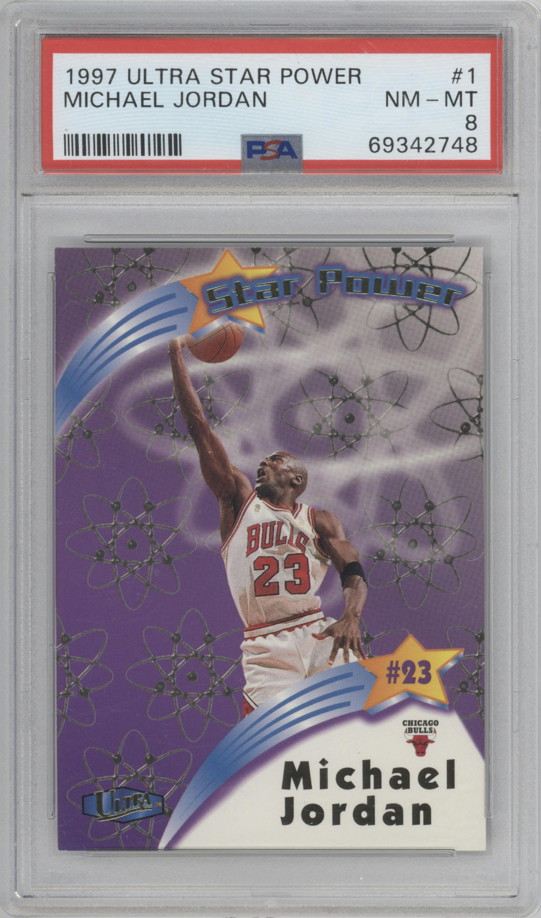 Michael Jordan from the 1997-98 Fleer Ultra set graded by PSA and given an overall grade of 8.