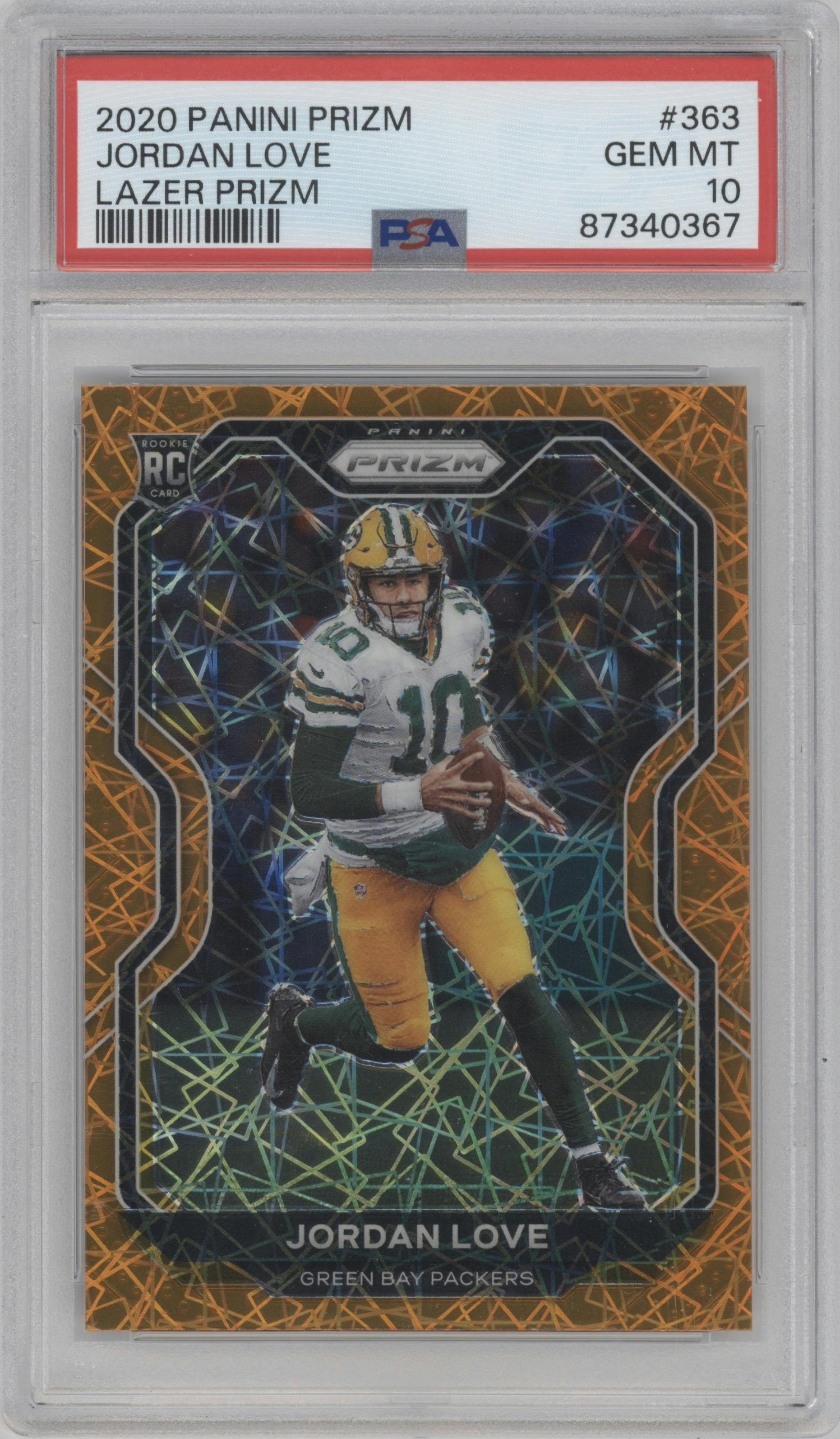 Jordan Love from the 2020 Panini Prizm set featuring a Lazer parallel graded by PSA and given an overall grade of 10.