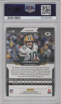 Jordan Love from the 2020 Panini Prizm set featuring a Lazer parallel graded by PSA and given an overall grade of 10.