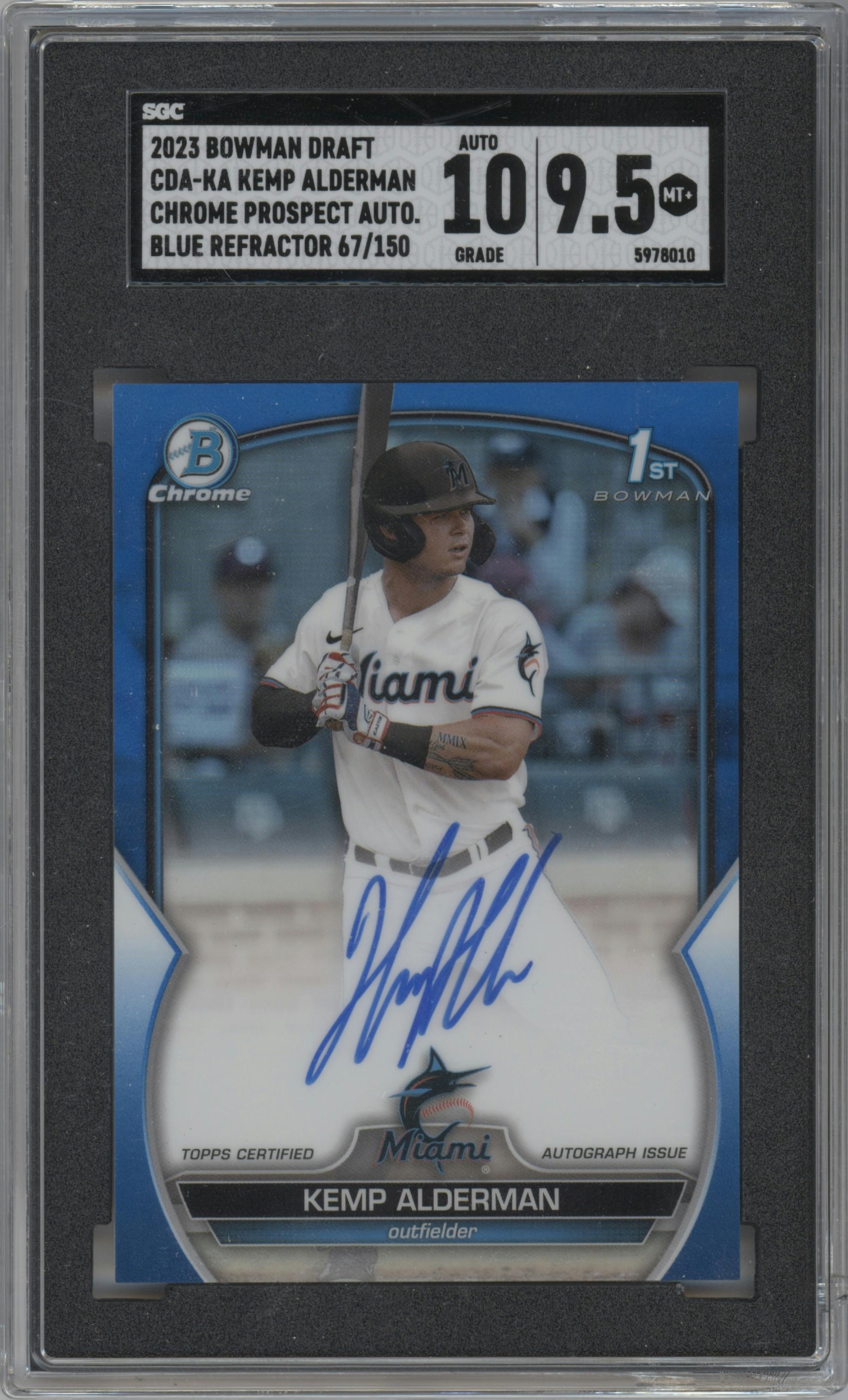 Kemp Alderman from the 2023 Bowman Draft set featuring a Blue Refractor parallel graded by SGC and given an overall grade of 9.5.