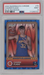 Cooper Flagg from the 2024 Topps Chrome McDonald's All-American set featuring a Blue RayWave Refractor parallel graded by PSA and given an overall grade of 9.