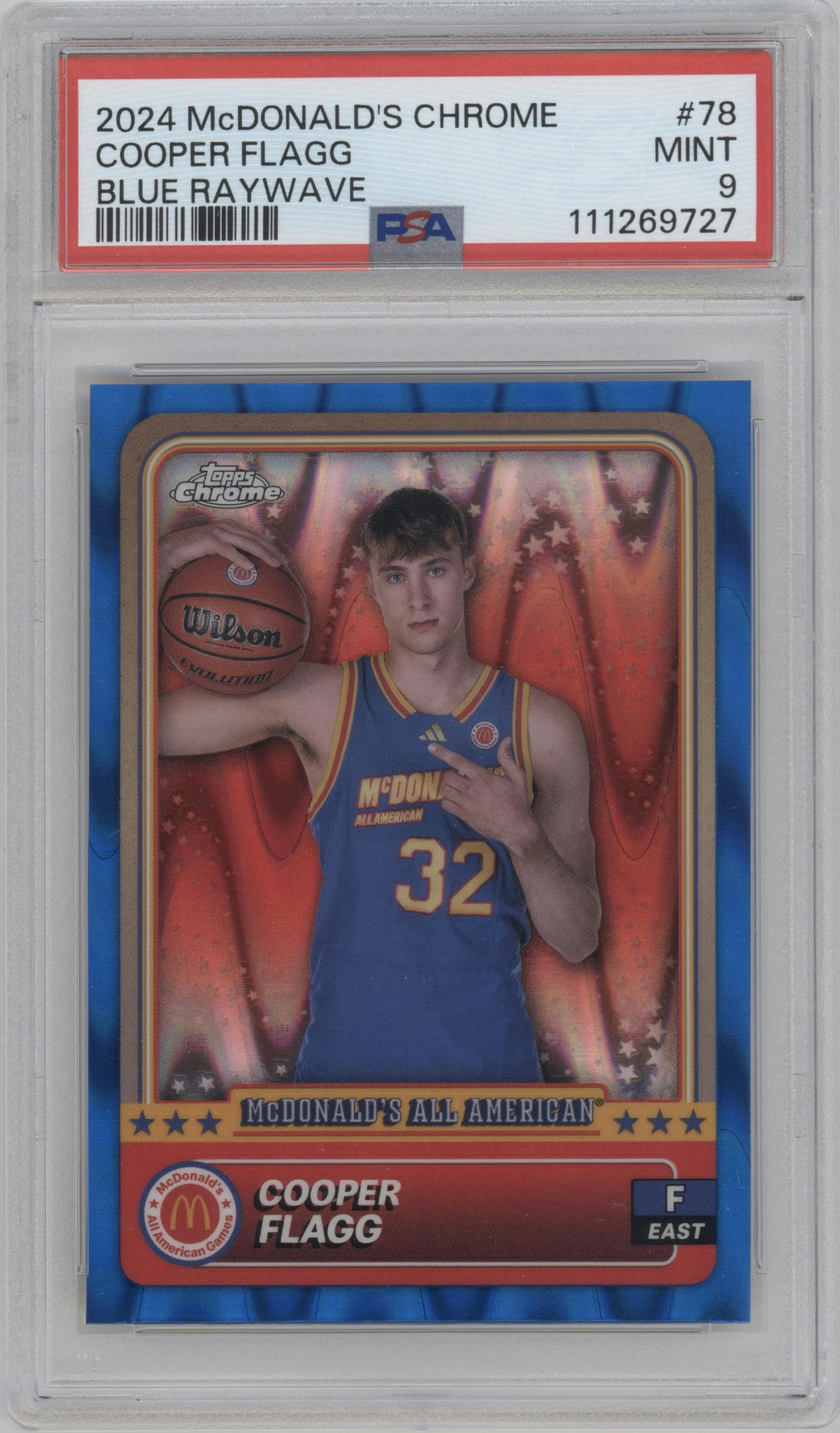 Cooper Flagg from the 2024 Topps Chrome McDonald's All-American set featuring a Blue RayWave Refractor parallel graded by PSA and given an overall grade of 9.