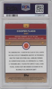 Cooper Flagg from the 2024 Topps Chrome McDonald's All-American set featuring a Blue RayWave Refractor parallel graded by PSA and given an overall grade of 9.