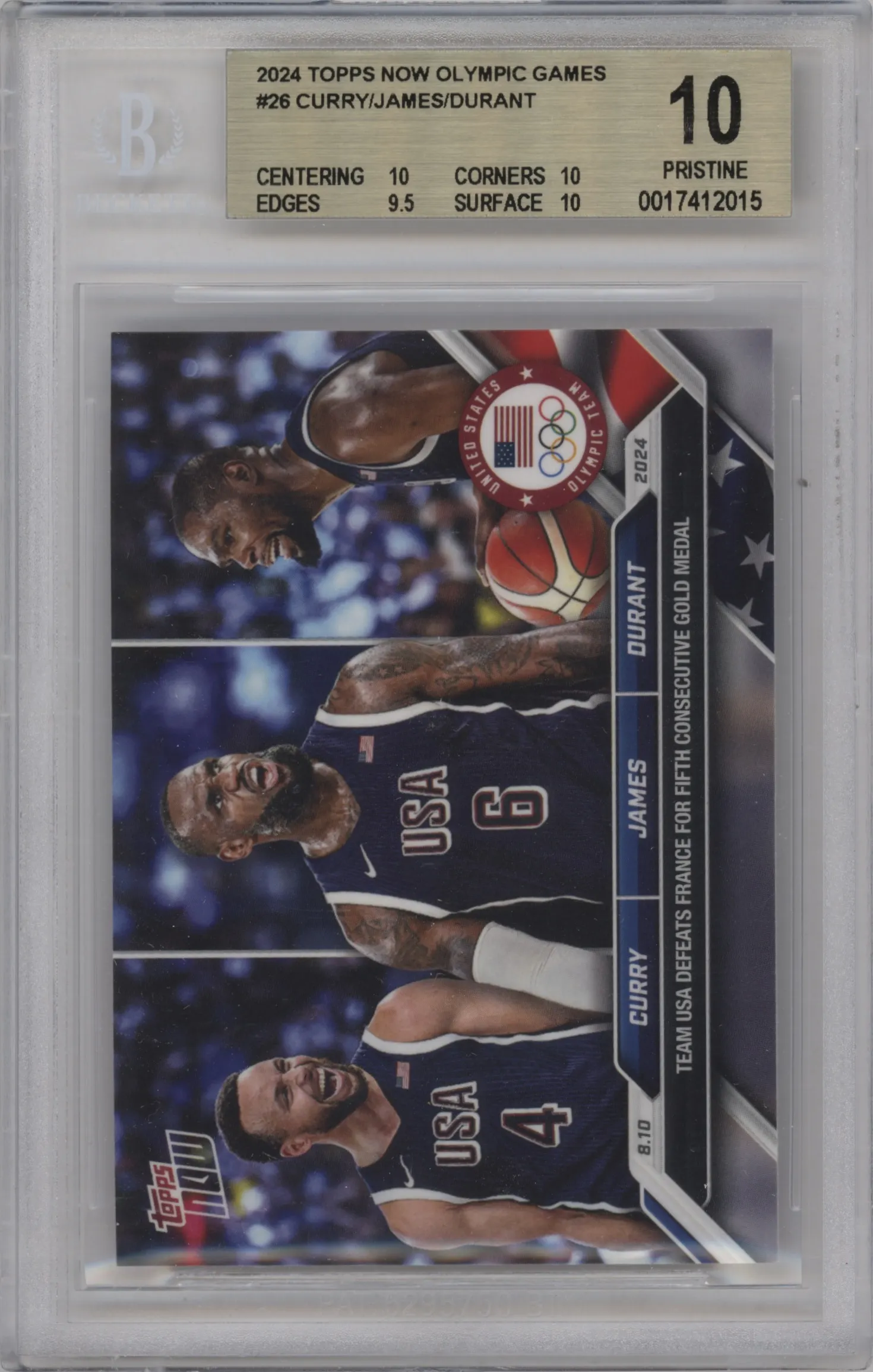 2024 Topps Now Olympics Stephen Curry/LeBron James/Kevin Durant #26 BGS 10