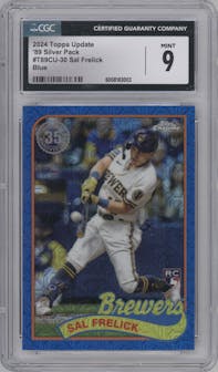 Sal Frelick from the 2024 Topps Update set featuring a Blue Refractor parallel graded by CSG and given an overall grade of 9.