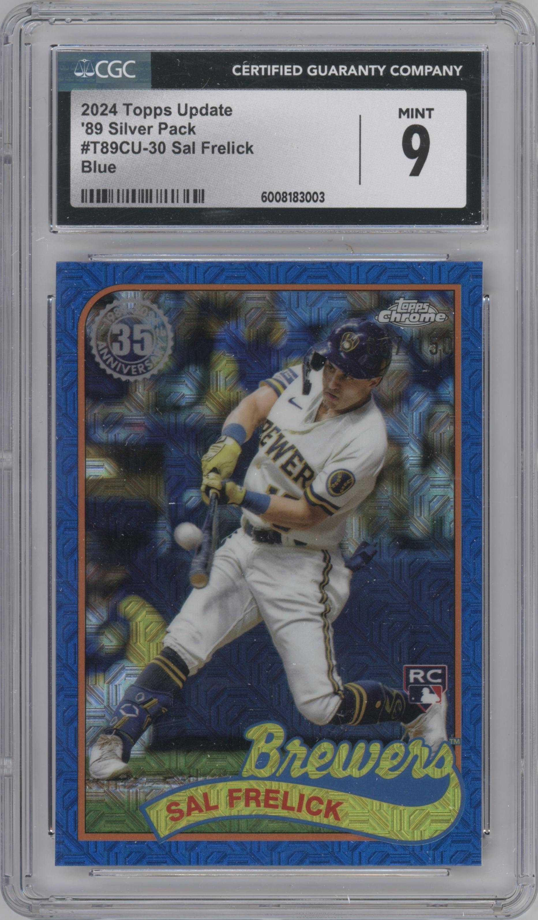 Sal Frelick from the 2024 Topps Update set featuring a Blue Refractor parallel graded by CSG and given an overall grade of 9.