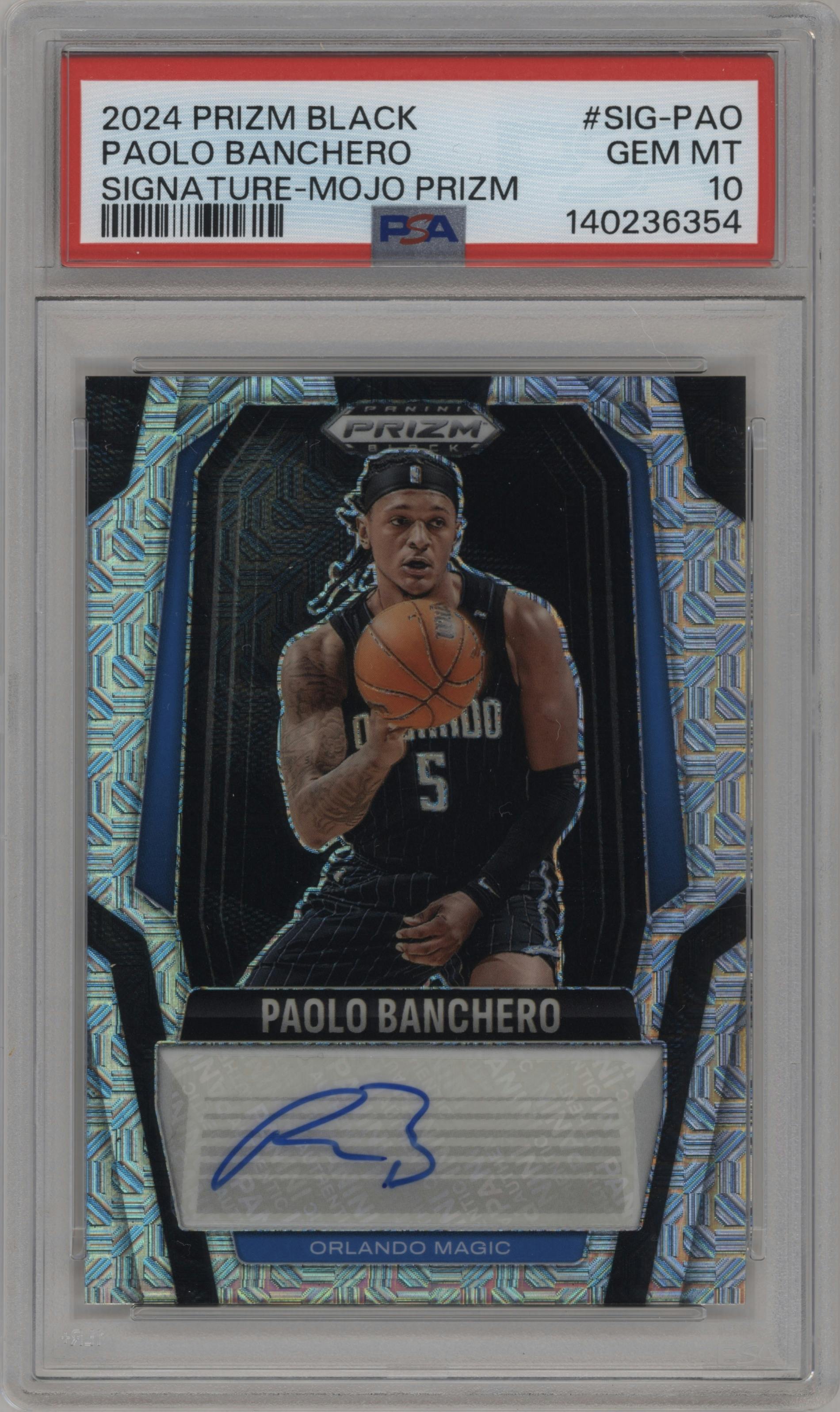 Paolo Banchero from the 2024-25 Panini Prizm Black set featuring a Mojo Prizm parallel graded by PSA and given an overall grade of 10.