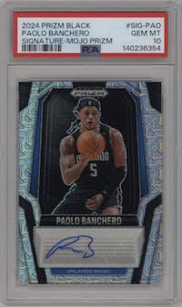 Paolo Banchero from the 2024-25 Panini Prizm Black set featuring a Mojo Prizm parallel graded by PSA and given an overall grade of 10.