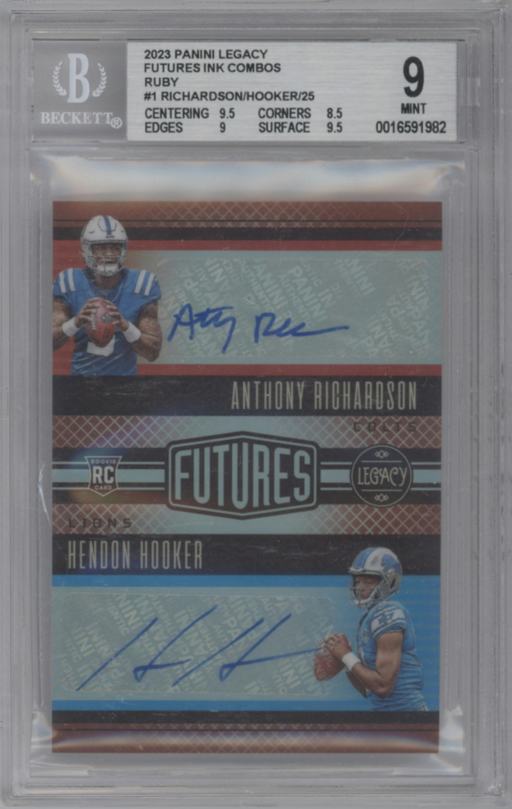 Anthony Richardson/Hendon Hooker from the 2023 Panini Legacy set featuring a Ruby parallel graded by Beckett and given an overall grade of 9.