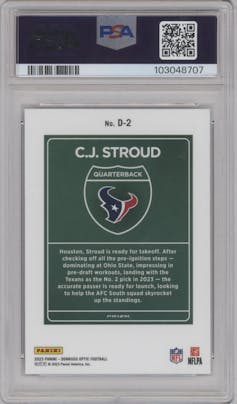 C.J. Stroud  from the 2023 Donruss Optic set graded by PSA and given an overall grade of 9.