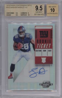 Saquon Barkley from the 2018 Panini Contenders Optic set graded by Beckett and given an overall grade of 9.5.