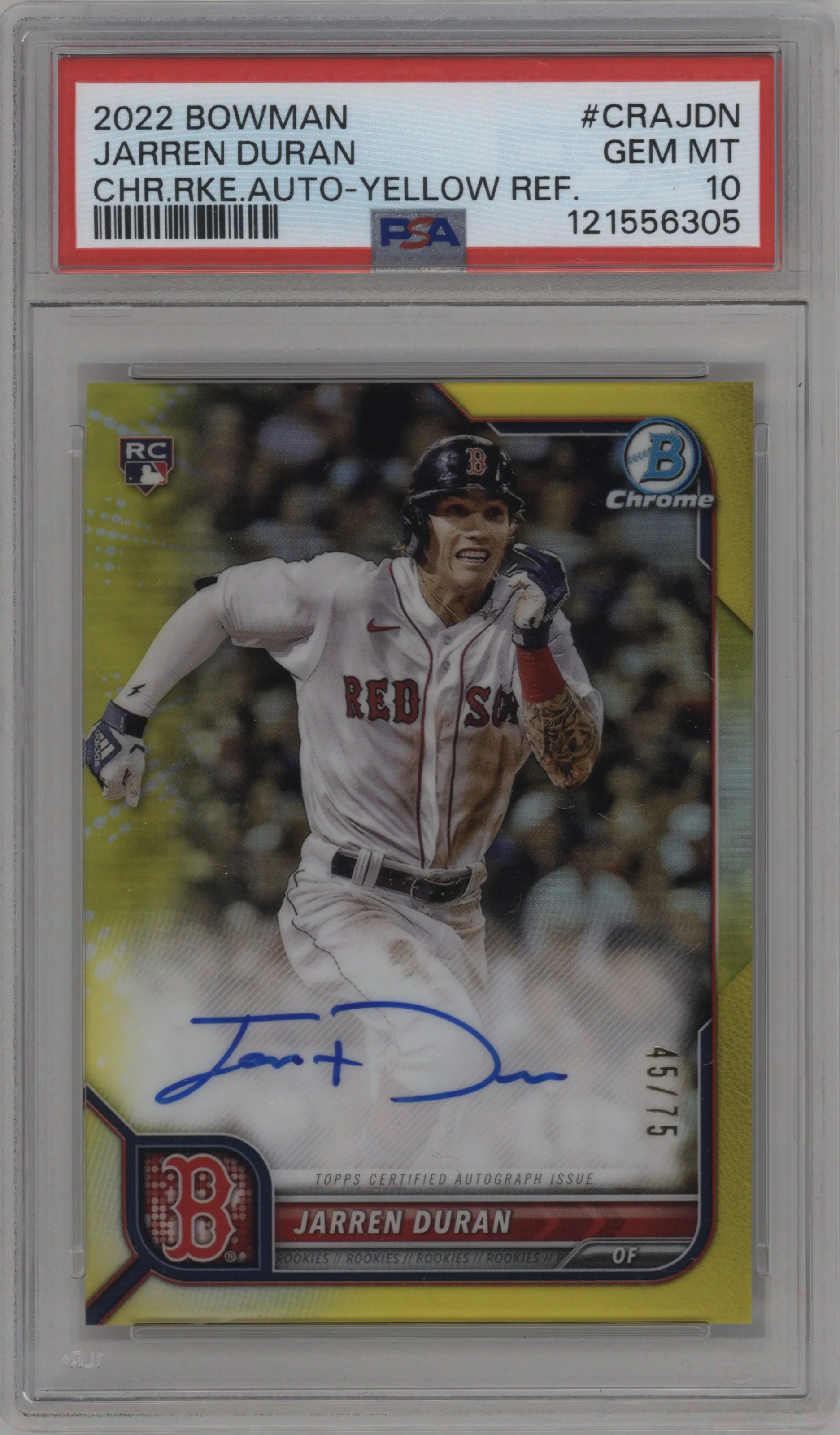 2022 Bowman Chrome Rke.Auto Jarren Duran Yellow Refractor #CRA-JDN PSA 10