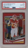 Travis Kelce from the 2023 Donruss Optic set featuring a Red parallel graded by PSA and given an overall grade of 10.