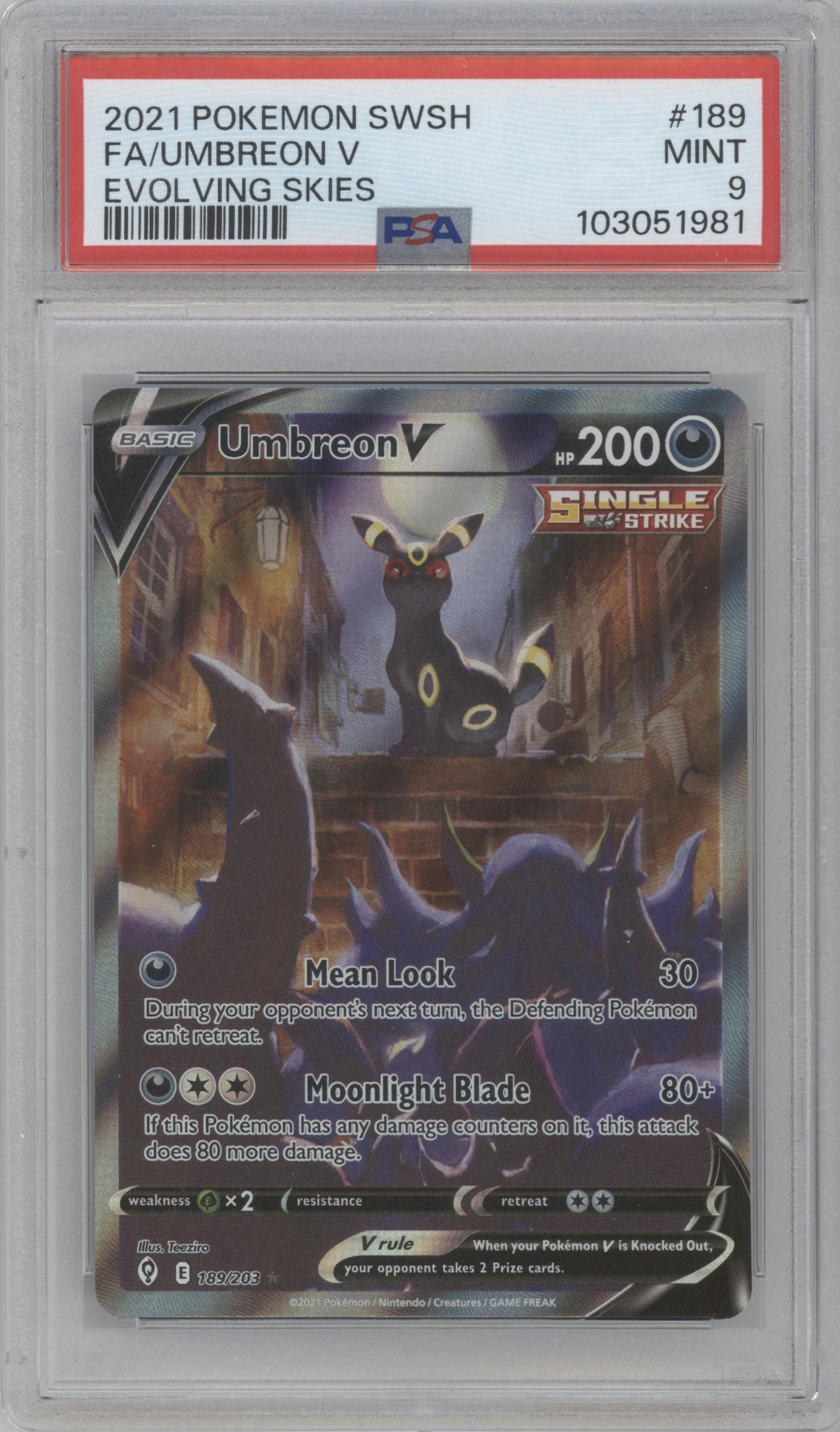 Umbreon V from the 2021 Pokemon SWSH set graded by PSA and given an overall grade of 9.