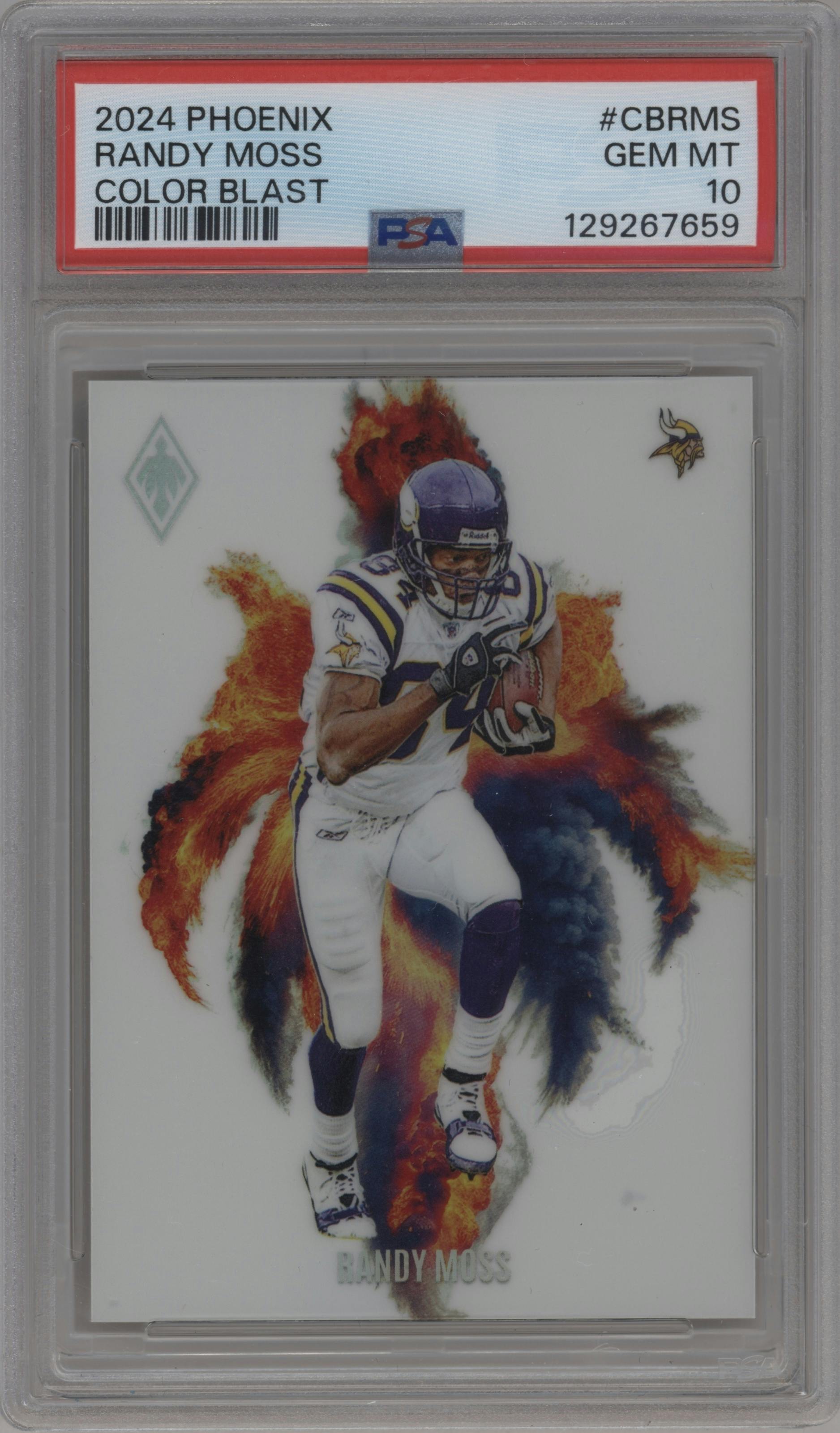 Randy Moss from the 2024 Panini Phoenix set graded by PSA and given an overall grade of 10.