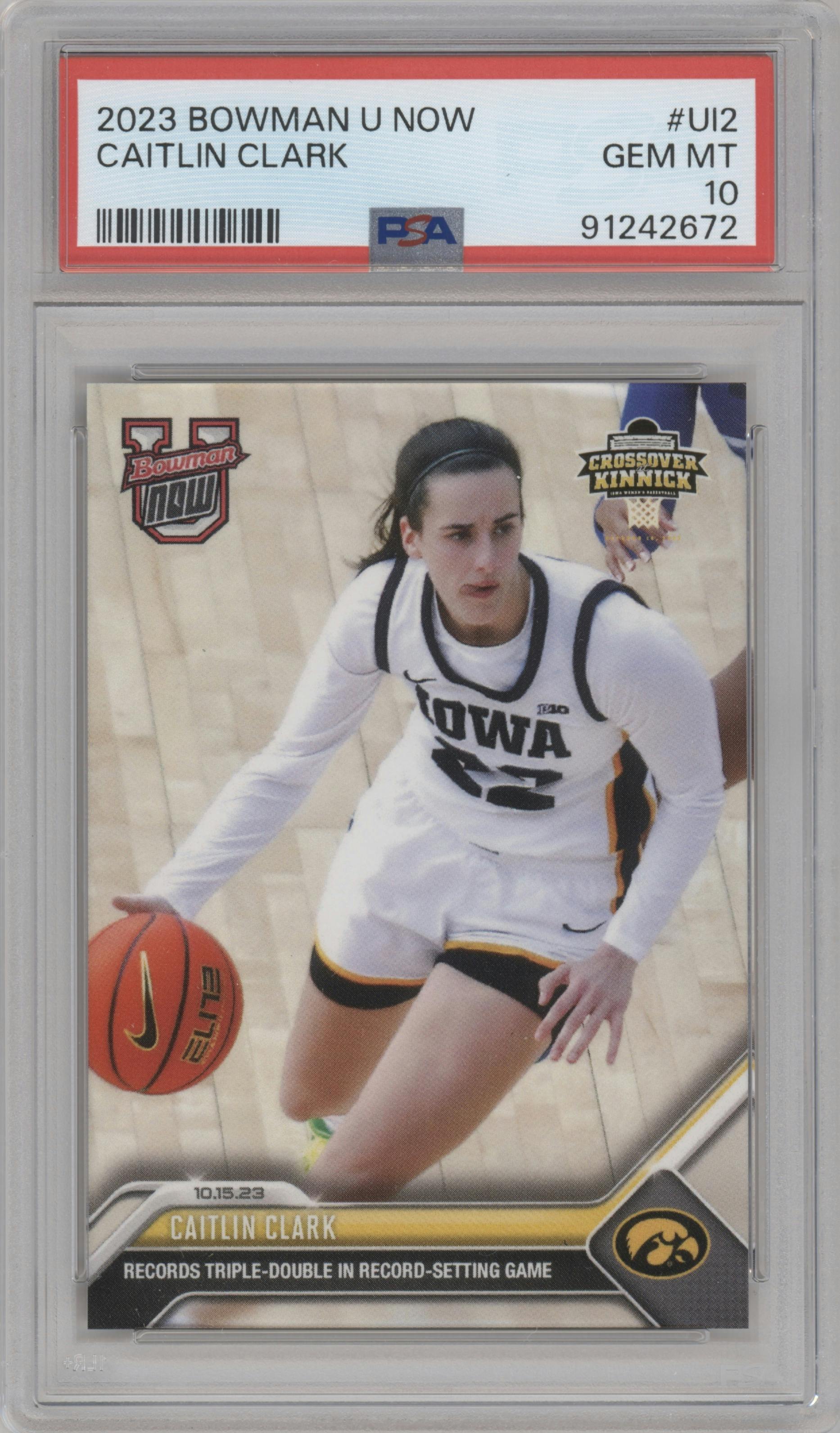 Caitlin Clark from the 2023-24 Bowman U Now set graded by PSA and given an overall grade of 10.