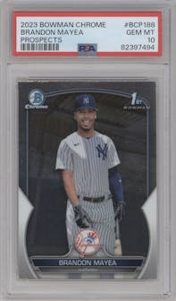 Brandon Mayea from the 2023 Bowman Chrome set graded by PSA and given an overall grade of 10.