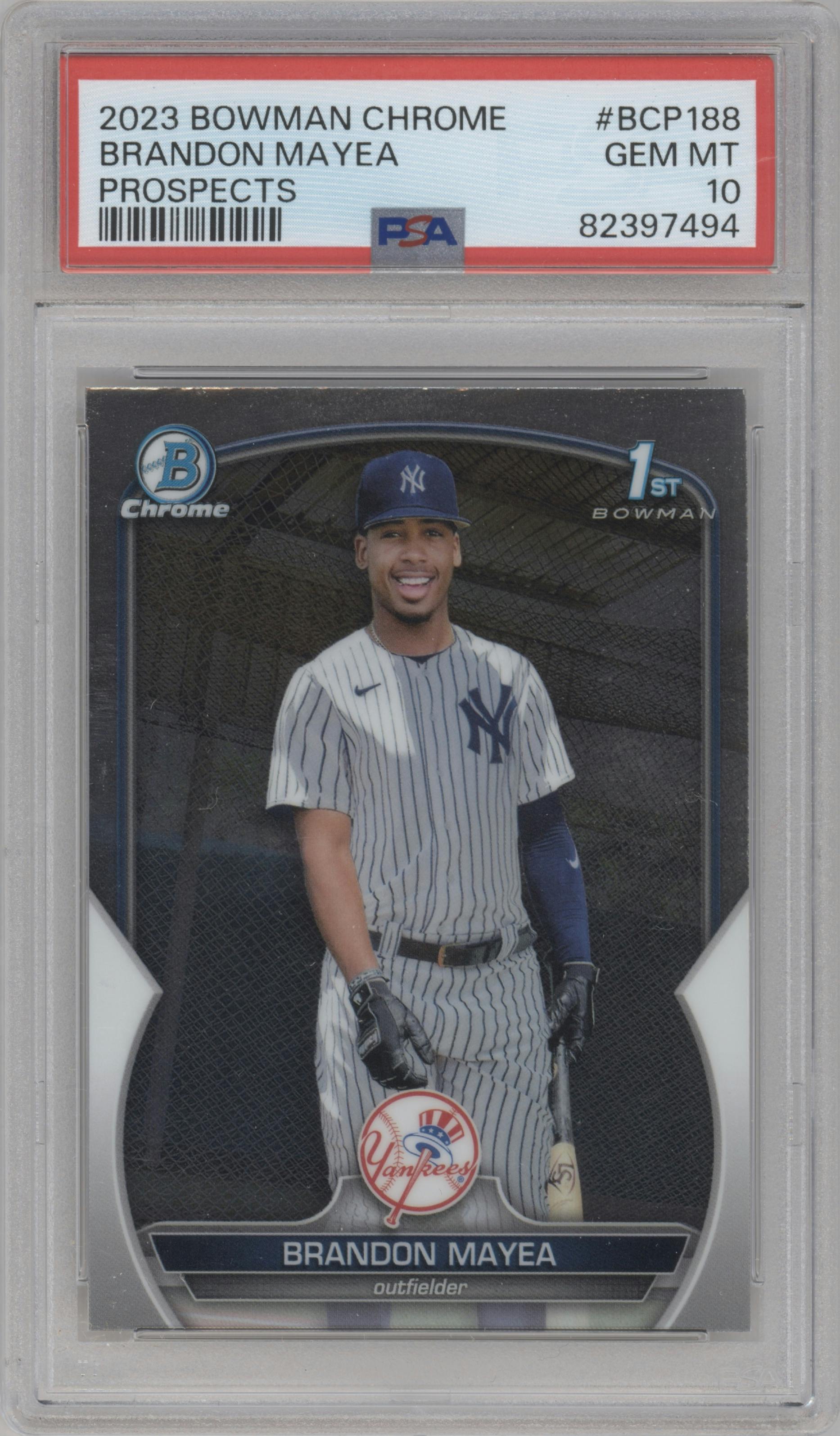 Brandon Mayea from the 2023 Bowman Chrome set graded by PSA and given an overall grade of 10.