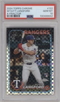 Wyatt Langford from the 2024 Topps Chrome set featuring a X-Fractor parallel graded by PSA and given an overall grade of 10.