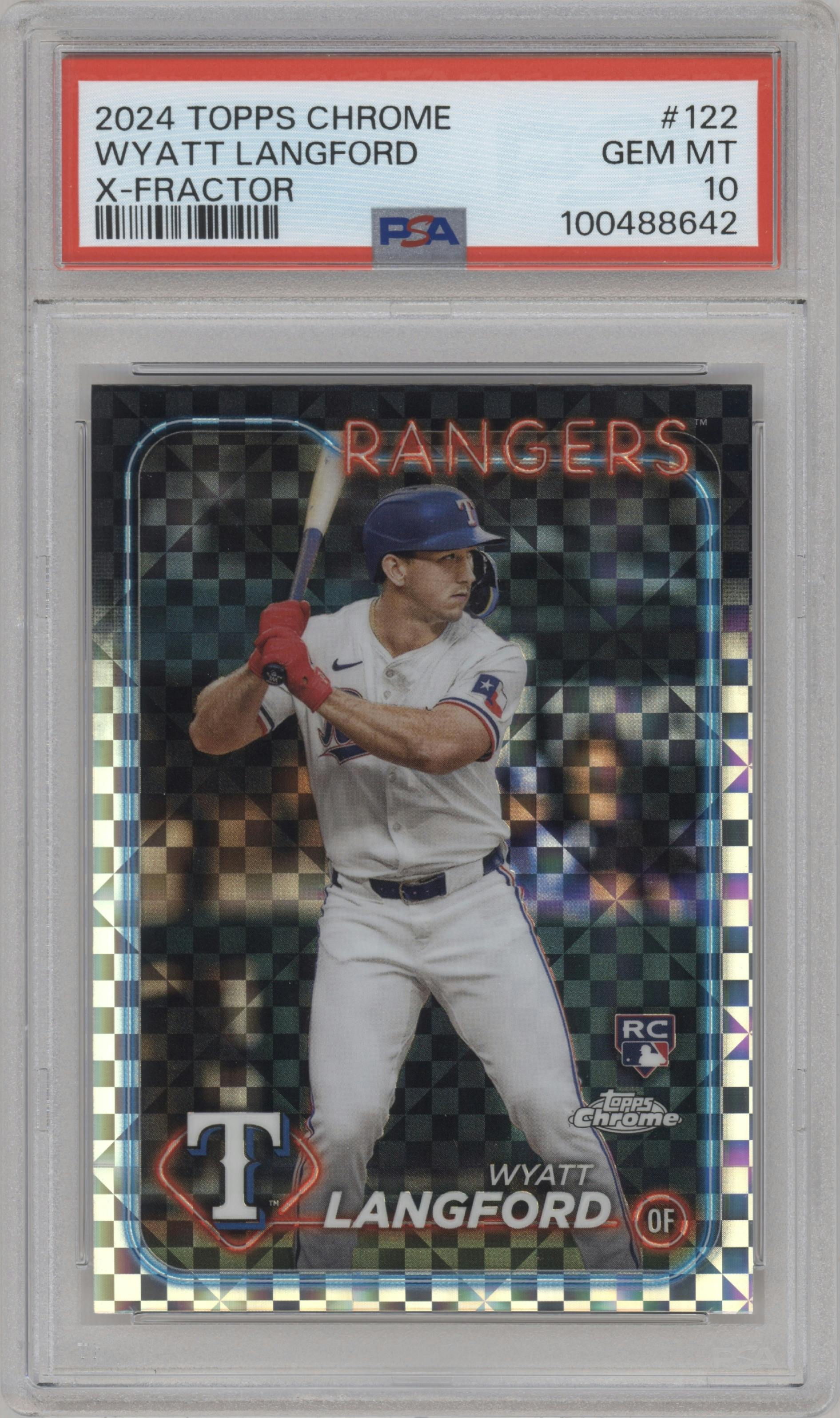 Wyatt Langford from the 2024 Topps Chrome set featuring a X-Fractor parallel graded by PSA and given an overall grade of 10.
