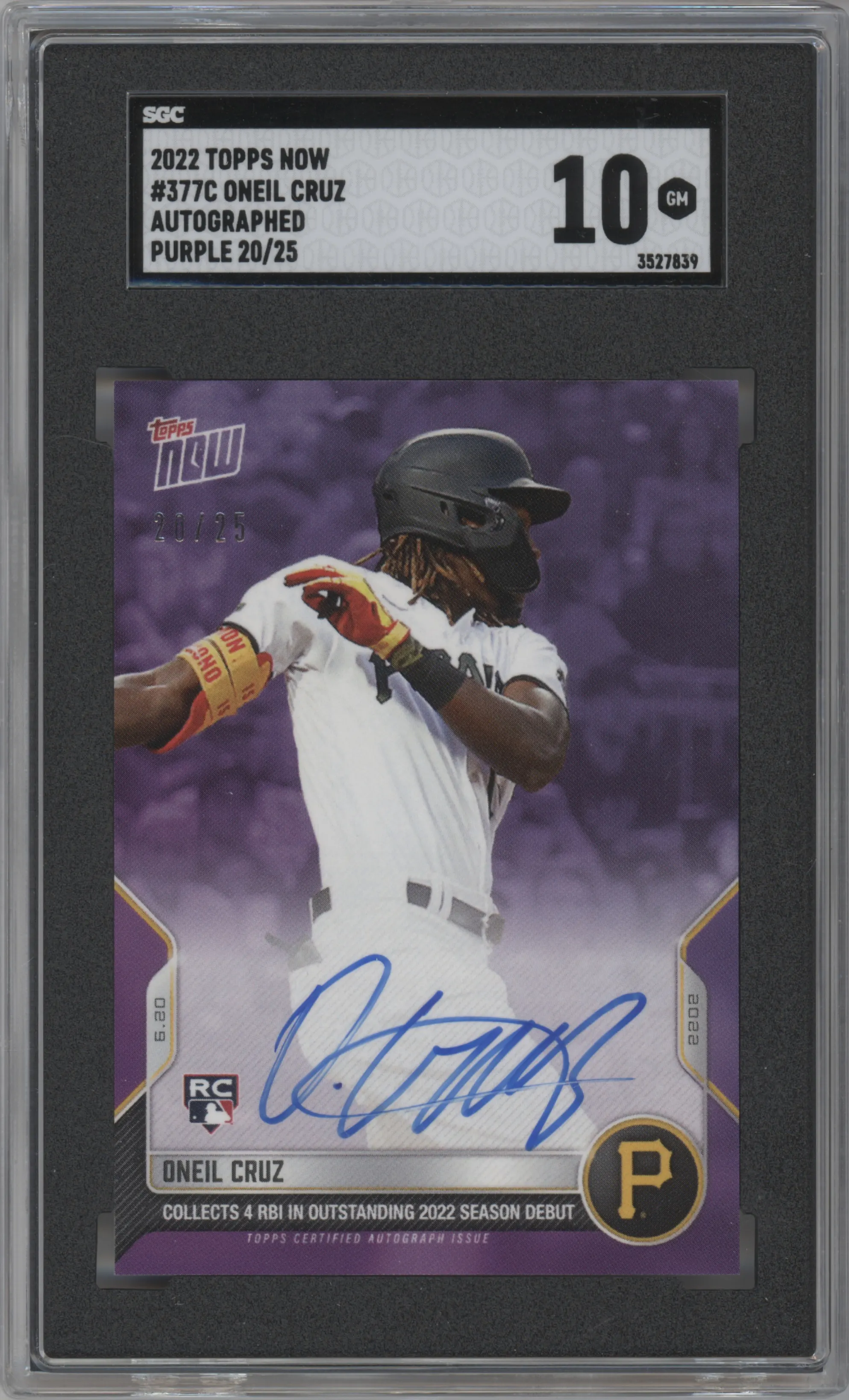 2022 Topps Now Auto Oneil Cruz Purple #377C SGC 10