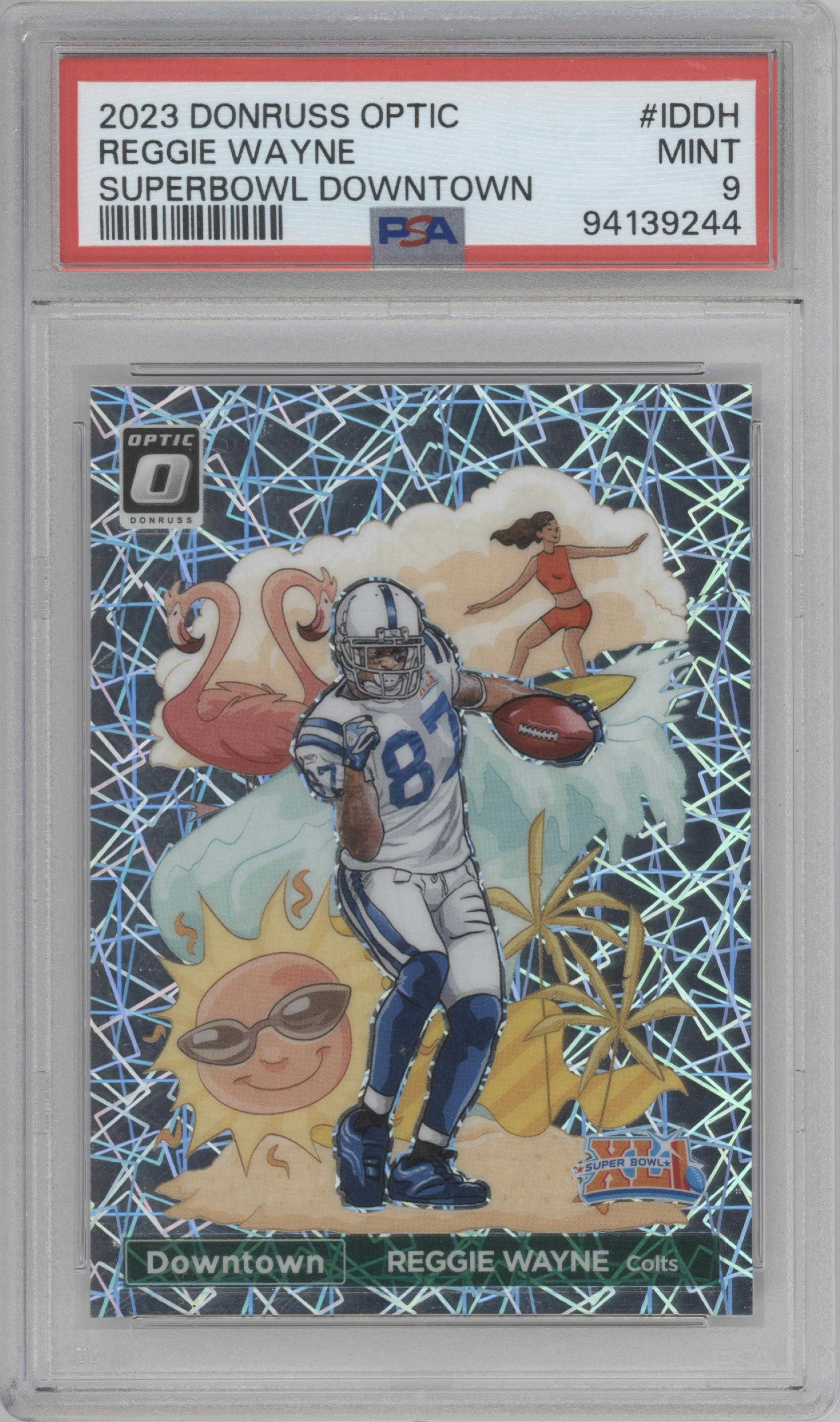Reggie Wayne from the 2023 Donruss Optic set graded by PSA and given an overall grade of 9.