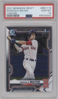Marcelo Mayer from the 2021 Bowman Draft set graded by PSA and given an overall grade of 10.