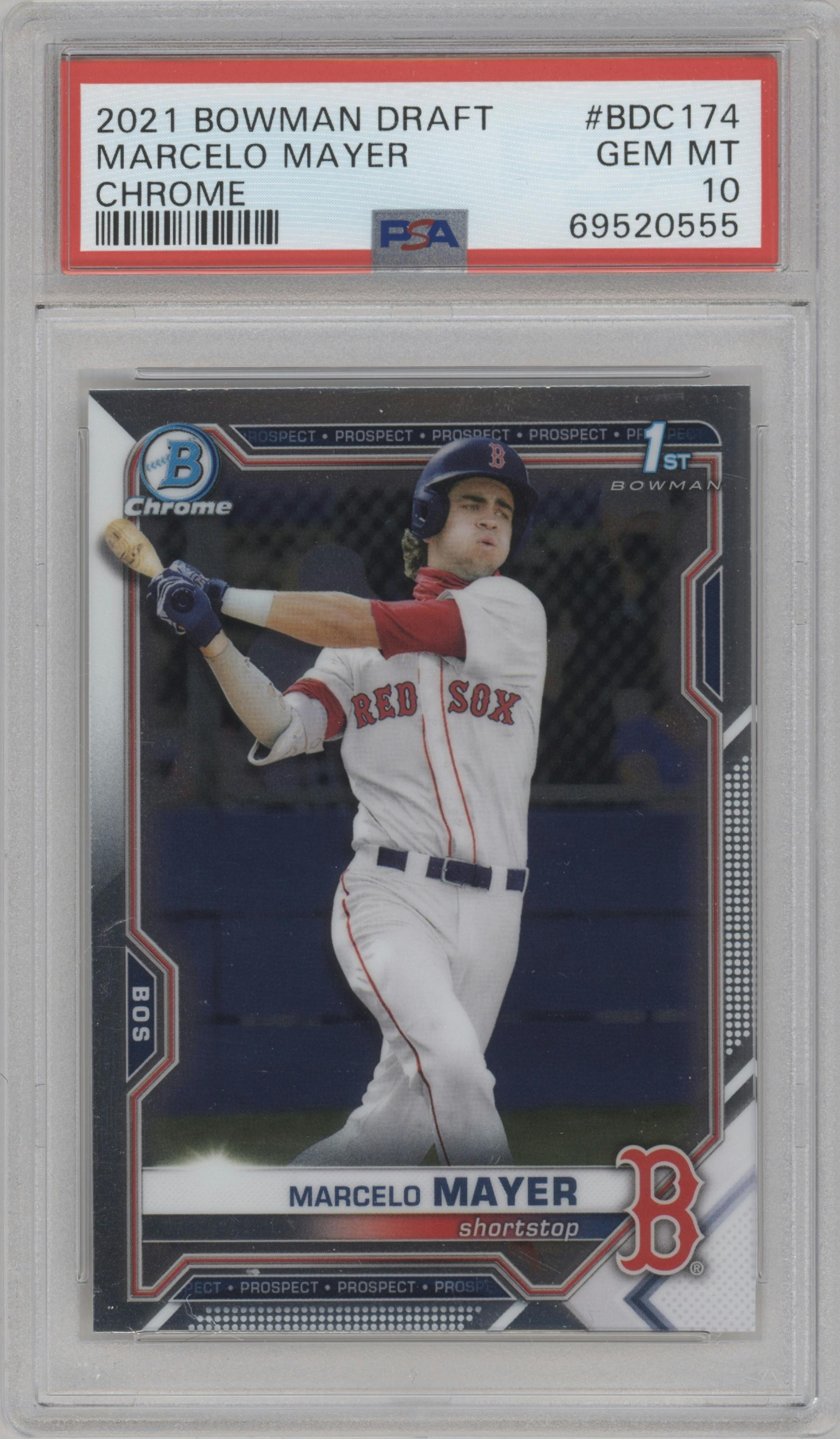 Marcelo Mayer from the 2021 Bowman Draft set graded by PSA and given an overall grade of 10.