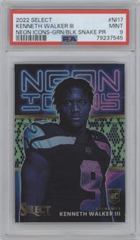 Kenneth Walker III from the 2022 Panini Select set featuring a Green/Black Snakeskin parallel graded by PSA and given an overall grade of 9.