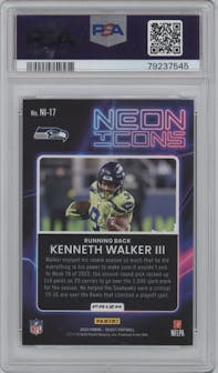 Kenneth Walker III from the 2022 Panini Select set featuring a Green/Black Snakeskin parallel graded by PSA and given an overall grade of 9.