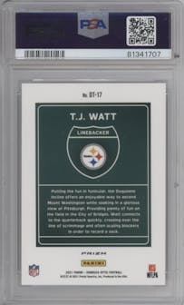 T.J. Watt from the 2021 Panini Donruss Optic set graded by PSA and given an overall grade of 10.