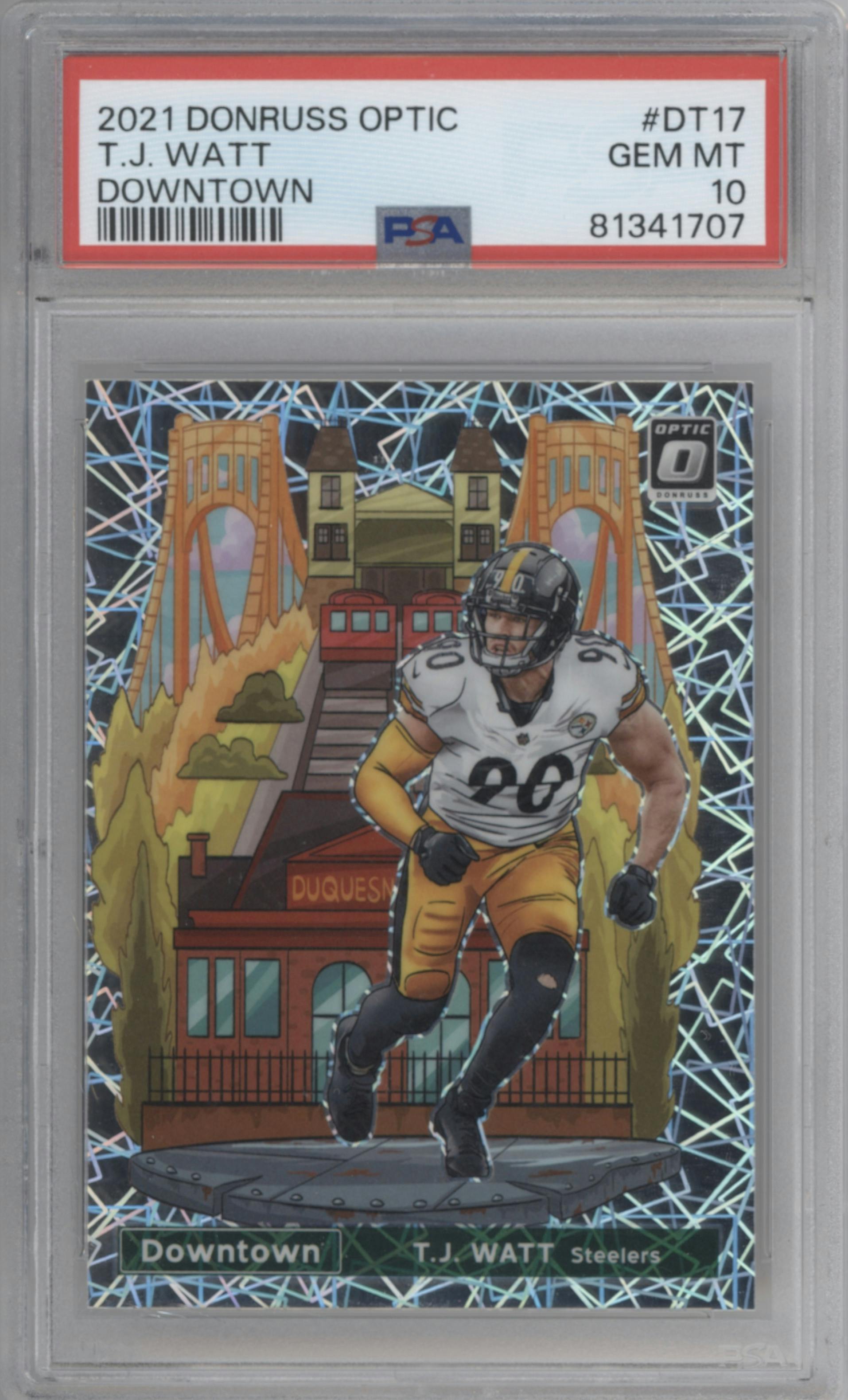 T.J. Watt from the 2021 Panini Donruss Optic set graded by PSA and given an overall grade of 10.