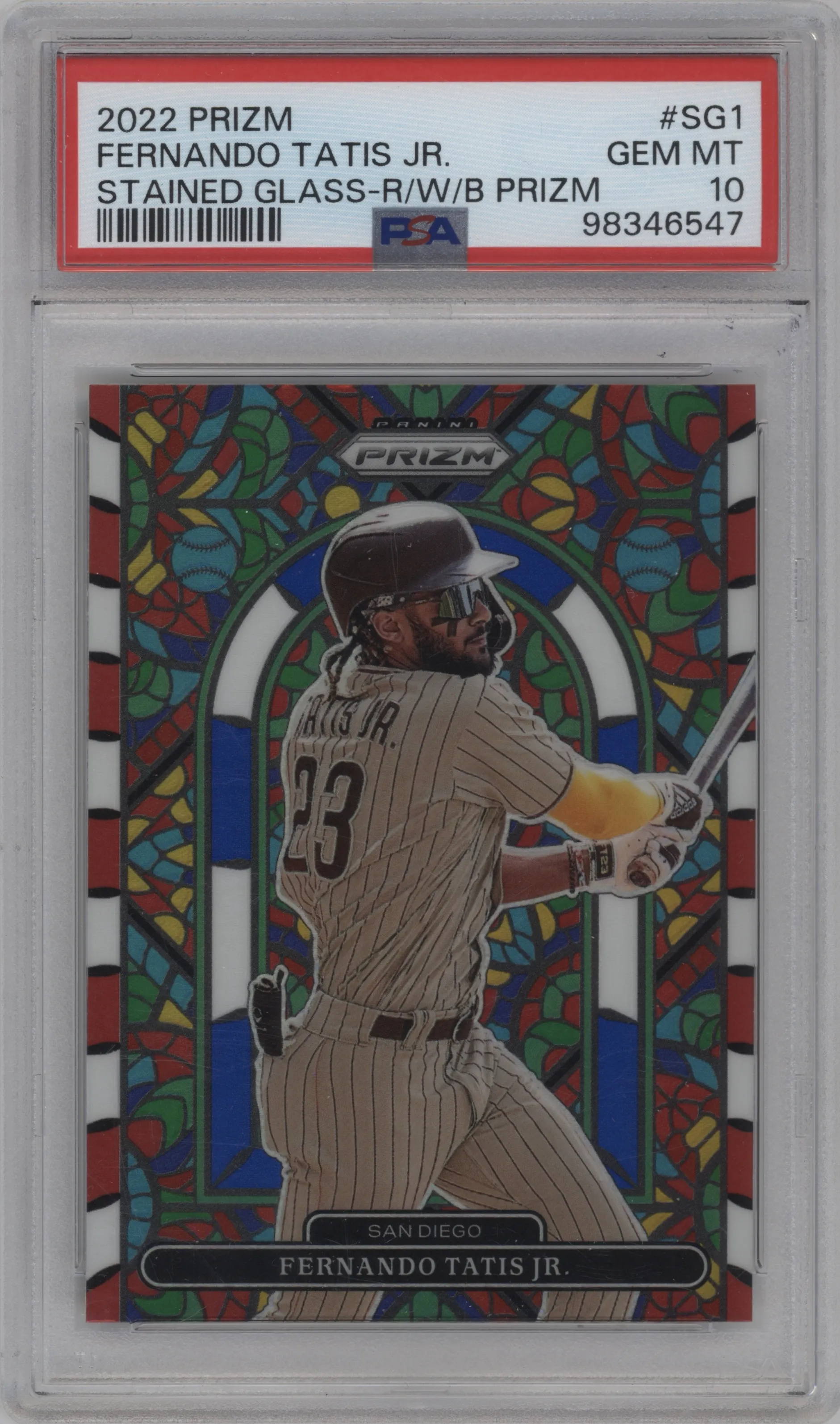 2022 Panini Prizm Stained Glass Fernando Tatis Jr. Red/White/Blue Prizm PSA 10