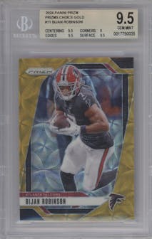 Bijan Robinson from the 2024 Panini Prizm set featuring a Choice Gold parallel graded by Beckett and given an overall grade of 9.5.