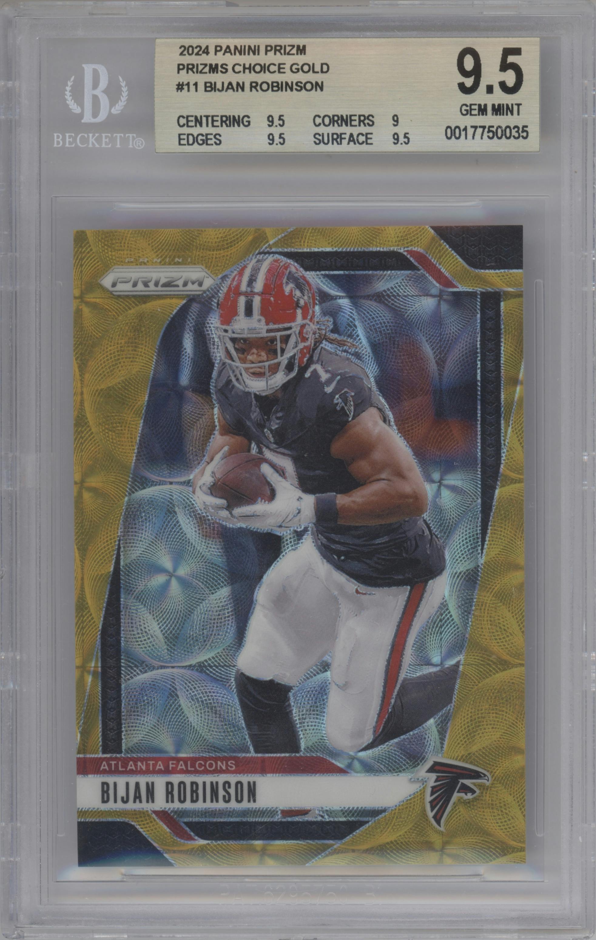 Bijan Robinson from the 2024 Panini Prizm set featuring a Choice Gold parallel graded by Beckett and given an overall grade of 9.5.
