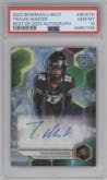 Travis Hunter from the 2023 Bowman University's Best  set featuring a Refractor parallel graded by PSA and given an overall grade of 10.