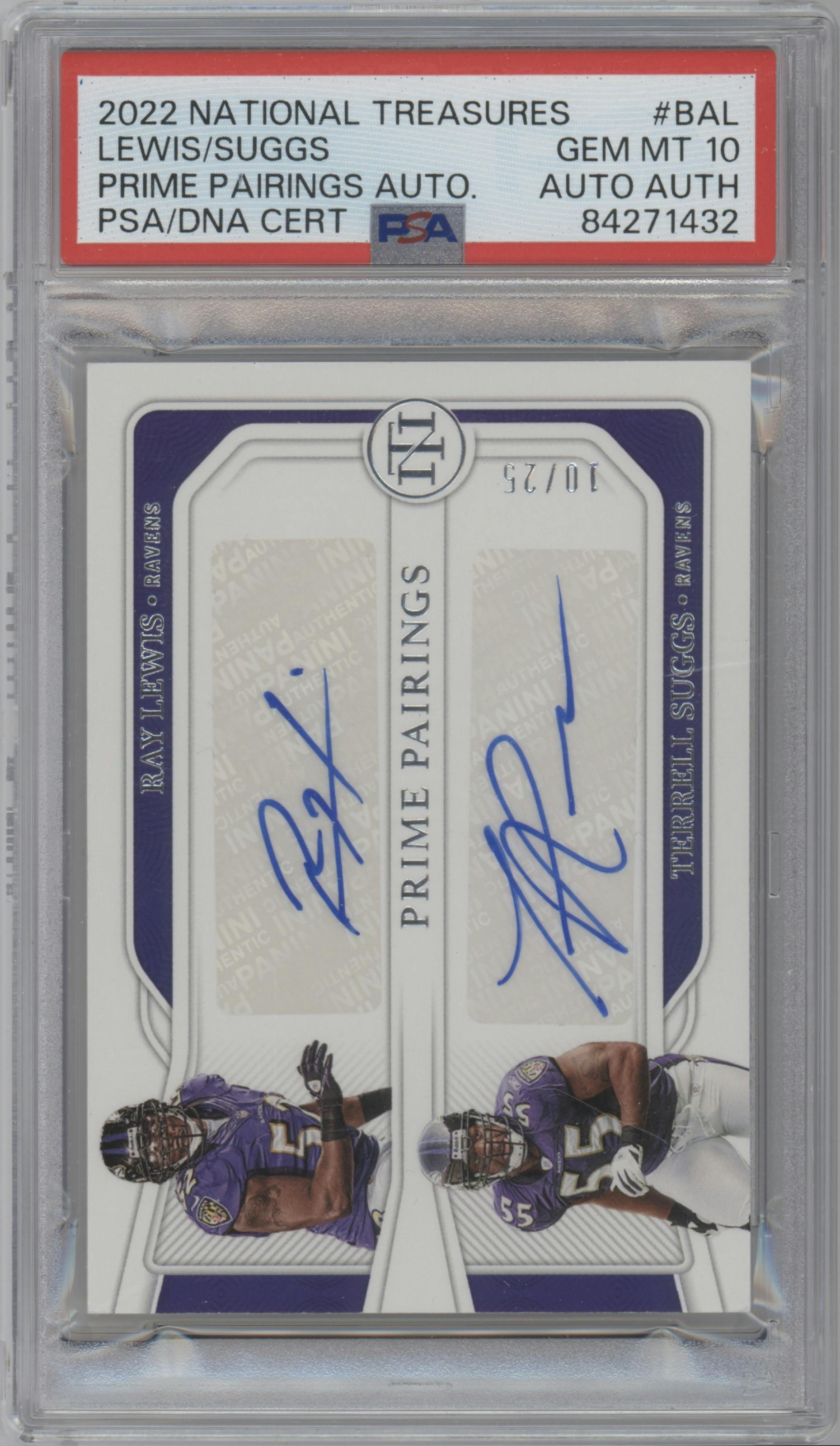 Ray Lewis/Terrell Suggs  from the 2022 Panini National Treasures set graded by PSA and given an overall grade of 10.