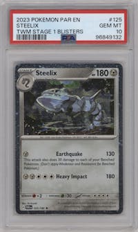 Steelix from the 2023 Pokemon SV set featuring a Cosmos Holo Twilight Masquerade Checklane Blister exclusive parallel graded by PSA and given an overall grade of 10.