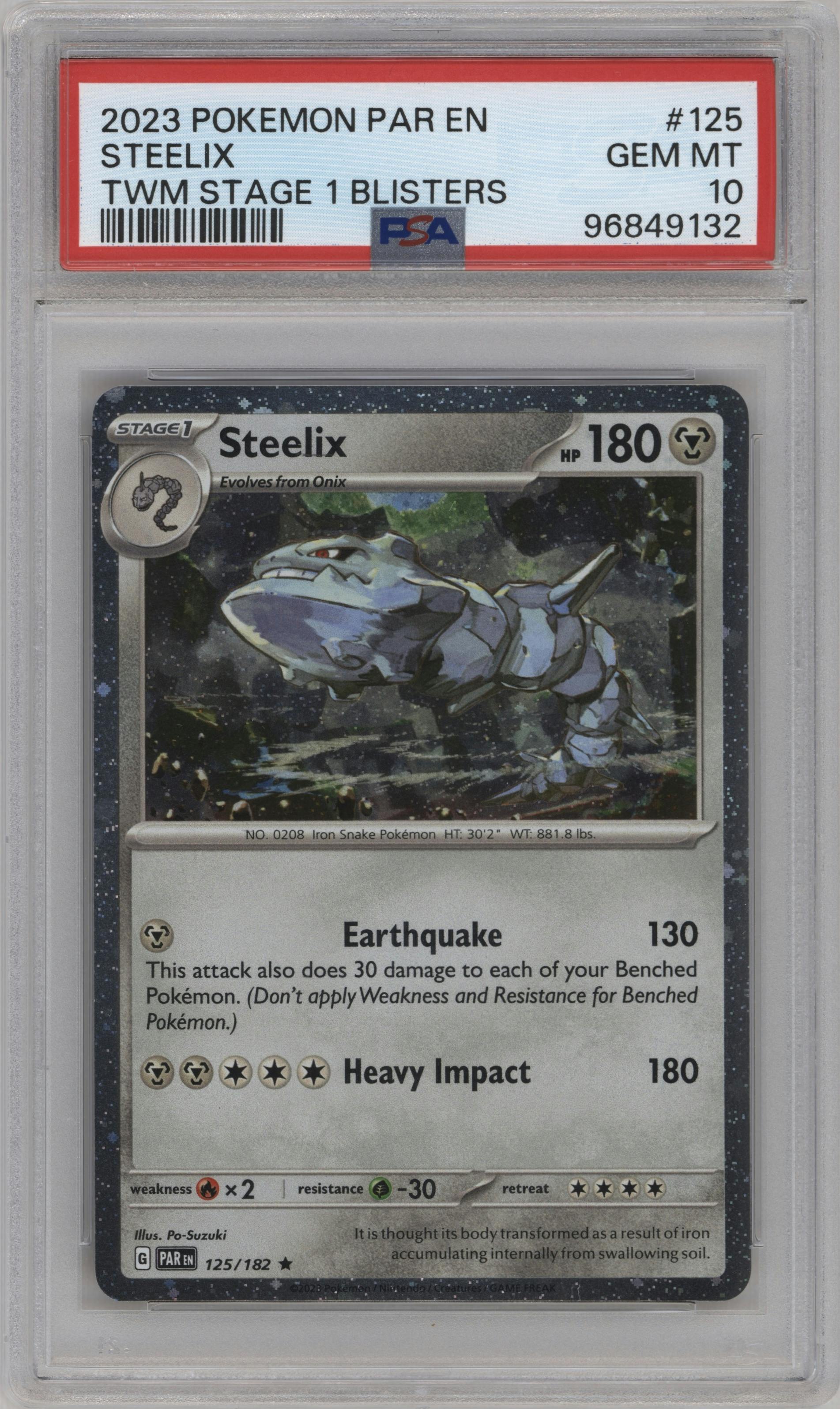Steelix from the 2023 Pokemon SV set featuring a Cosmos Holo Twilight Masquerade Checklane Blister exclusive parallel graded by PSA and given an overall grade of 10.