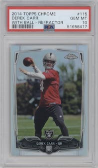Derek Carr from the 2014 Topps Chrome set featuring a Refractor parallel graded by PSA and given an overall grade of 10.