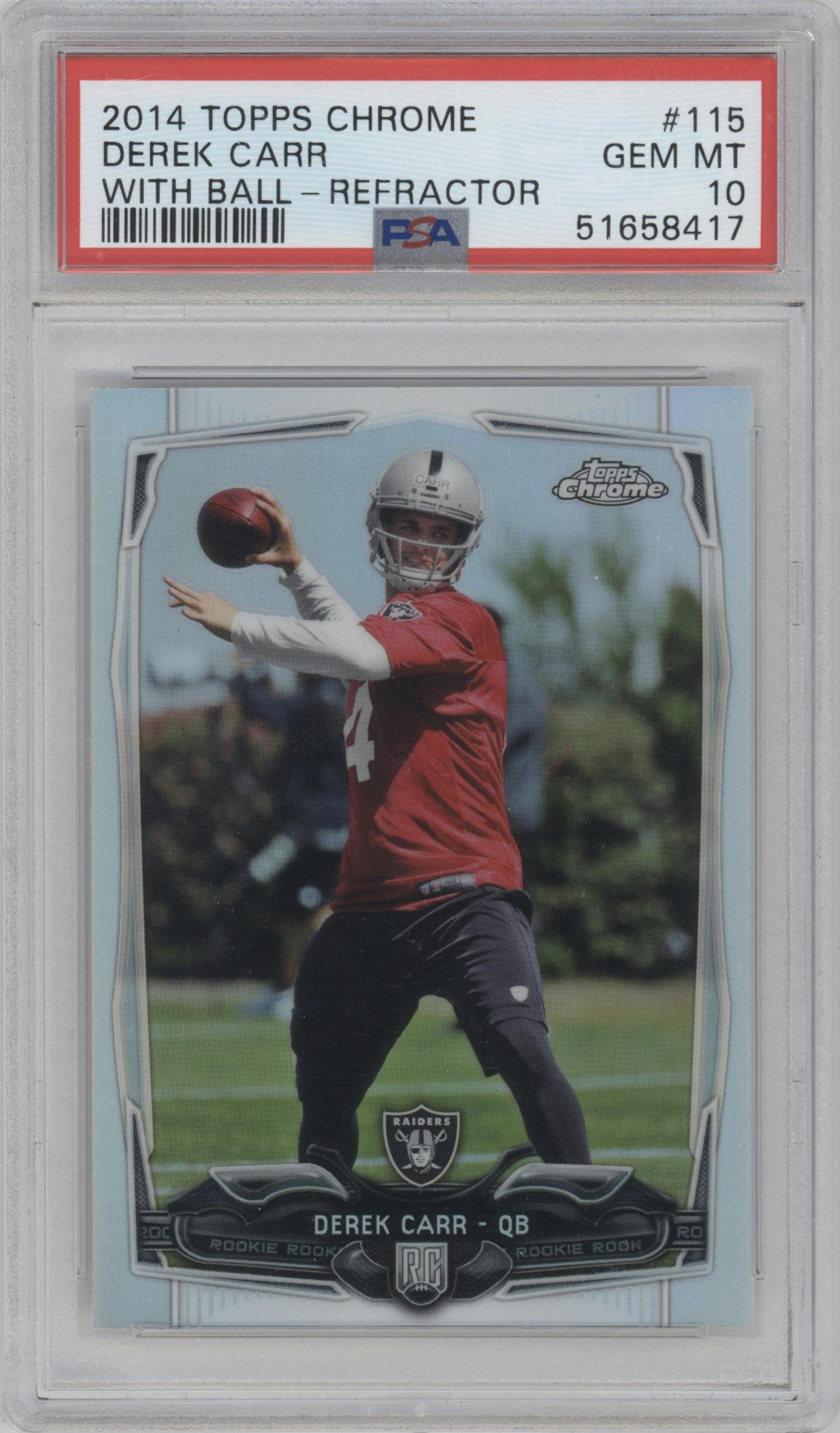 Derek Carr from the 2014 Topps Chrome set featuring a Refractor parallel graded by PSA and given an overall grade of 10.