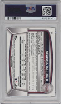 Michael Harris II from the 2023 Bowman Mega Box set featuring a Aqua Refractor parallel graded by PSA and given an overall grade of 10.