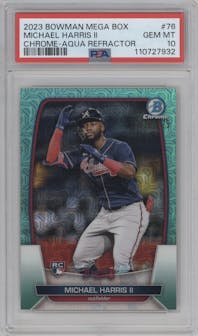 Michael Harris II from the 2023 Bowman Mega Box set featuring a Aqua Refractor parallel graded by PSA and given an overall grade of 10.