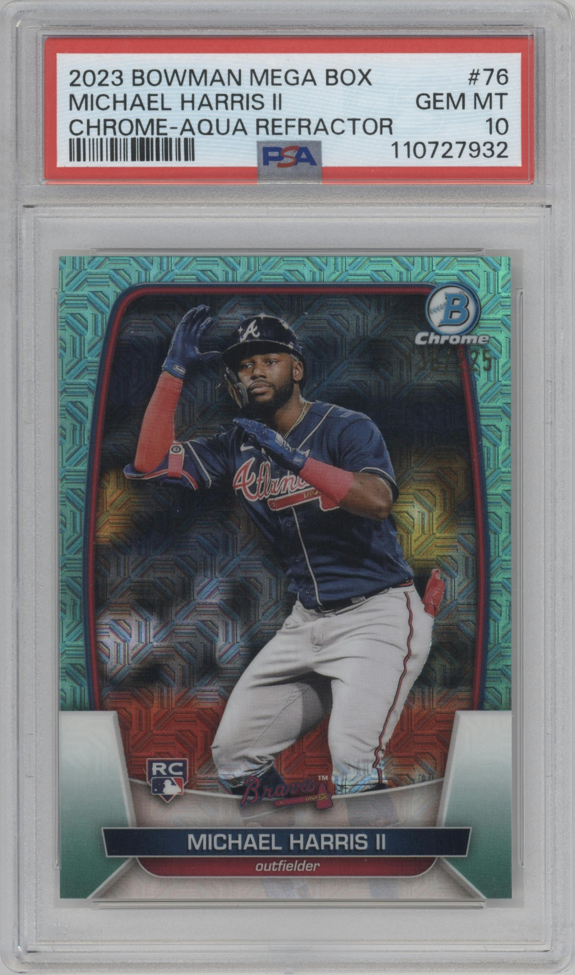 Michael Harris II from the 2023 Bowman Mega Box set featuring a Aqua Refractor parallel graded by PSA and given an overall grade of 10.