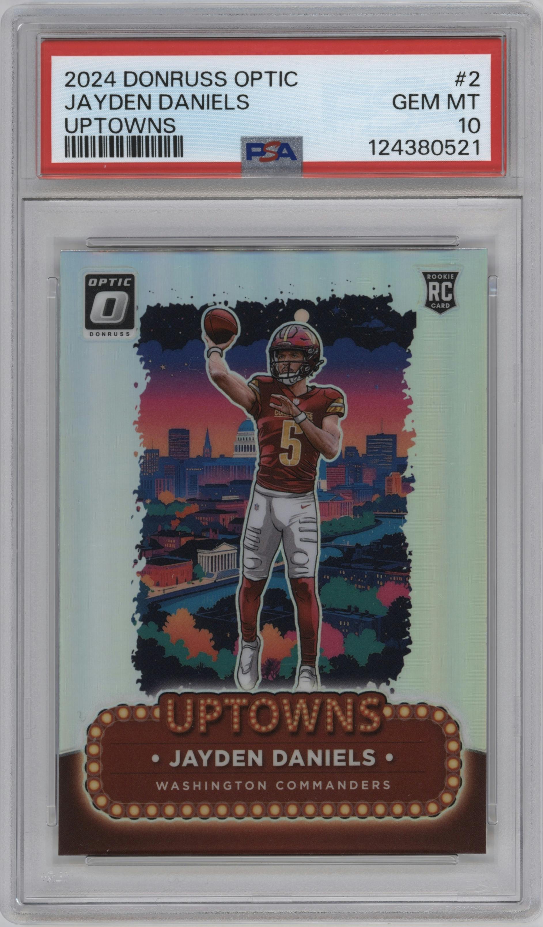 Jayden Daniels from the 2024 Donruss Optic set graded by PSA and given an overall grade of 10.