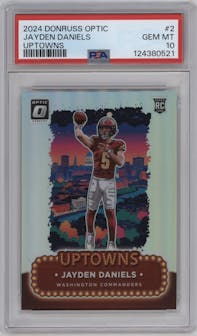 Jayden Daniels from the 2024 Donruss Optic set graded by PSA and given an overall grade of 10.