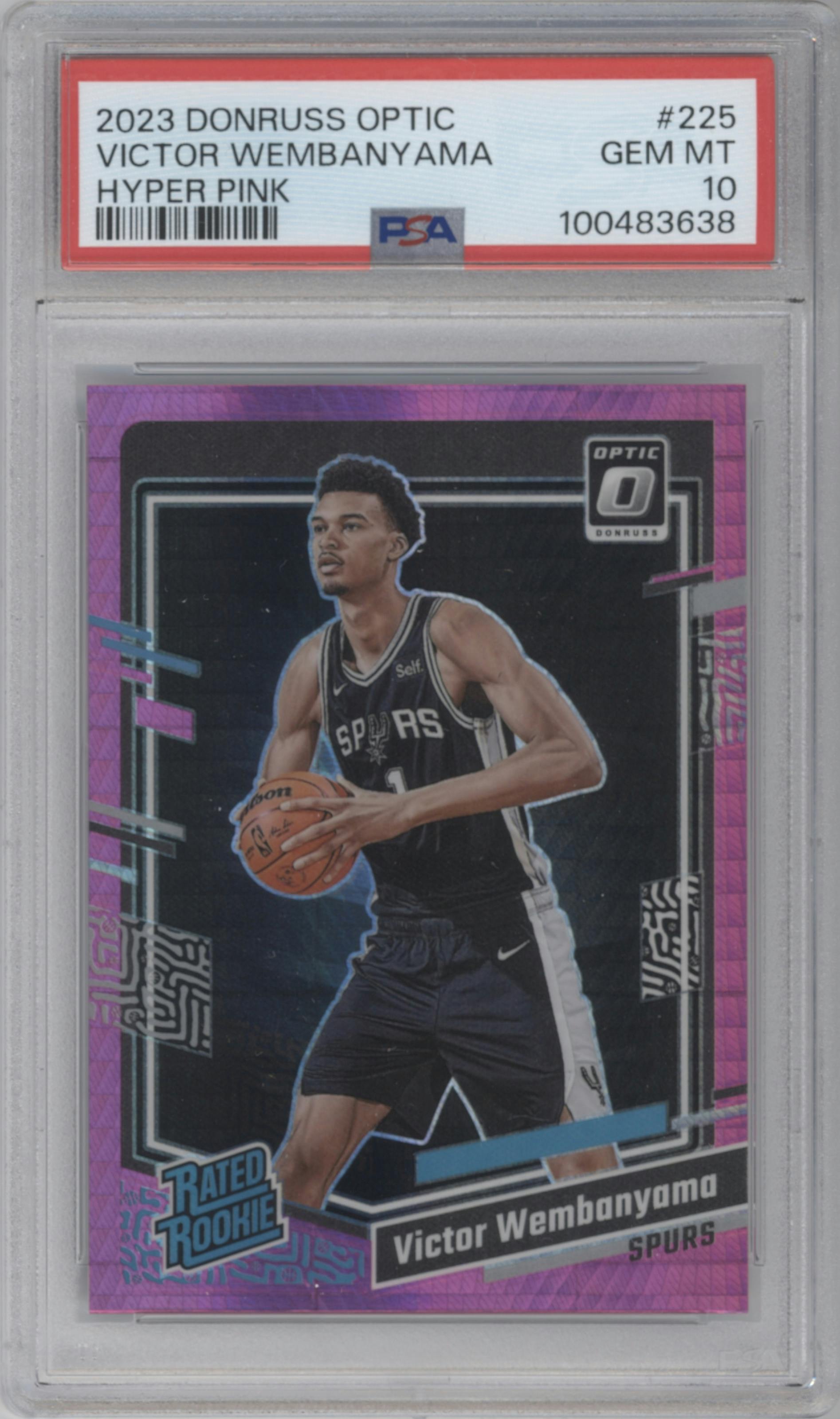 Victor Wembanyama from the 2023-24 Donruss Optic set featuring a Hyper Pink parallel graded by PSA and given an overall grade of 10.