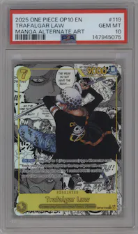 Trafalgar Law from the 2025 One Piece set featuring a Manga parallel graded by PSA and given an overall grade of 10.