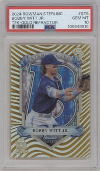 Bobby Witt Jr. from the 2024 Bowman Sterling set featuring a Gold Refractor parallel graded by PSA and given an overall grade of 10.