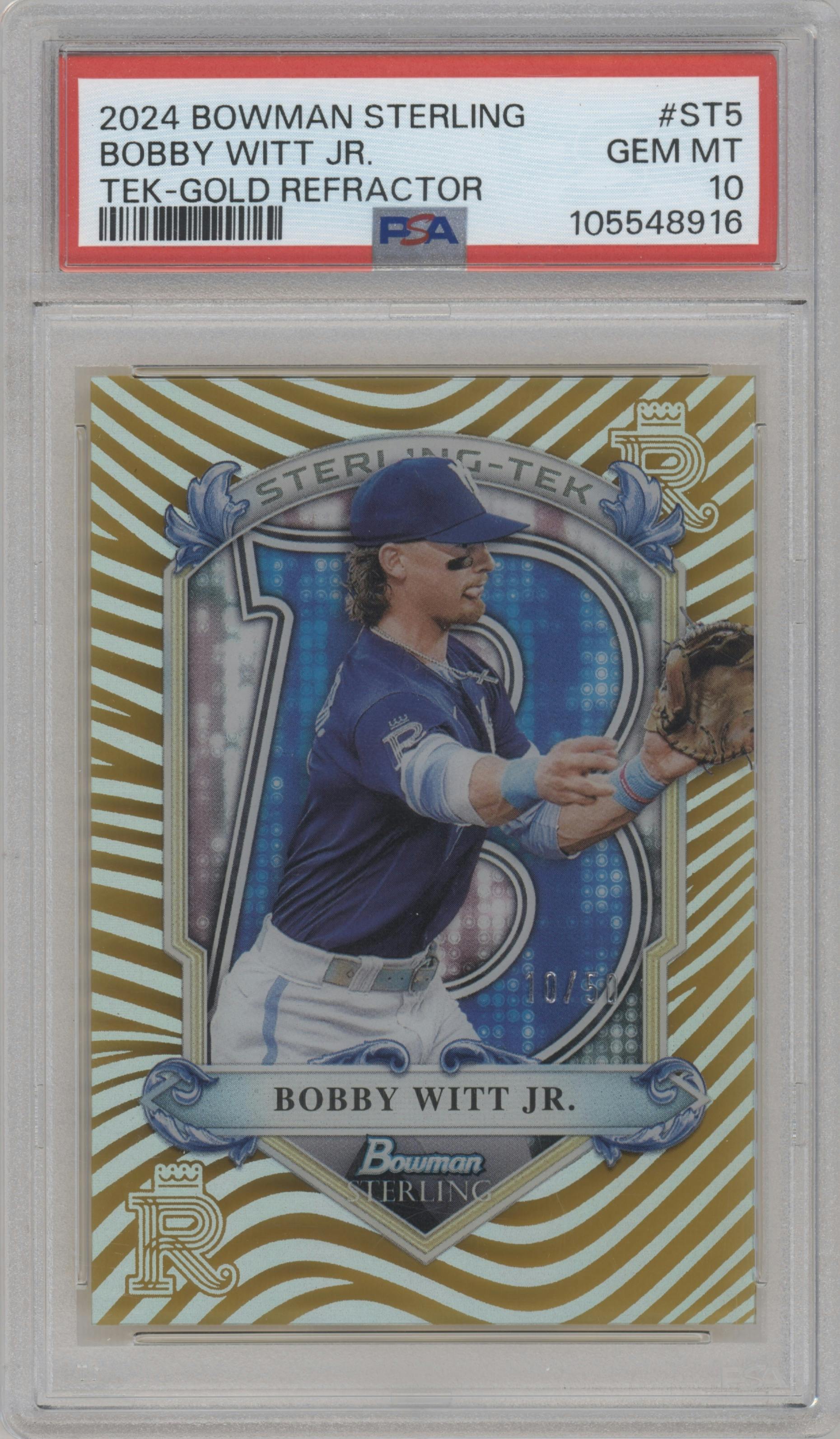 Bobby Witt Jr. from the 2024 Bowman Sterling set featuring a Gold Refractor parallel graded by PSA and given an overall grade of 10.